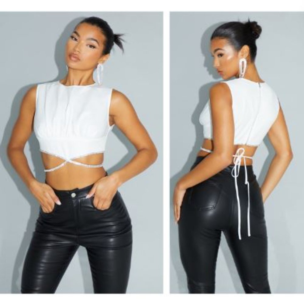 PrettyLittleThing | Women's White Woven Ruched Diamante Trim Tie Waist Crop Top